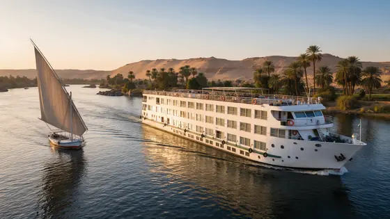 باخرة نيلية ومركب شراعي على النيل بين الأقصر وأسوان وقت الغروب